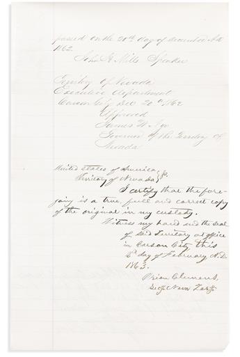 (WEST--NEVADA.) Orion Clemens. Pair of documents signed by Mark Twain's brother as Secretary of Nevada Territory.